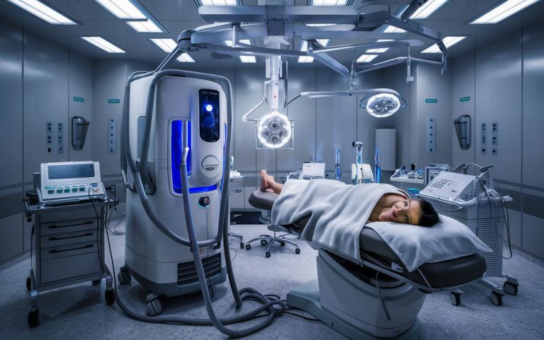 Sala zabiegowa przygotowana do przeprowadzenia laserowe usuwanie żylaków katowice