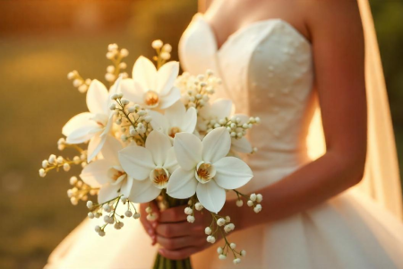 Bukiet ślubny we Wrocławiu z piwonii, jaskrów i zieleni przygotowany przez lokalną kwiaciarnię na ceremonię w plenerze