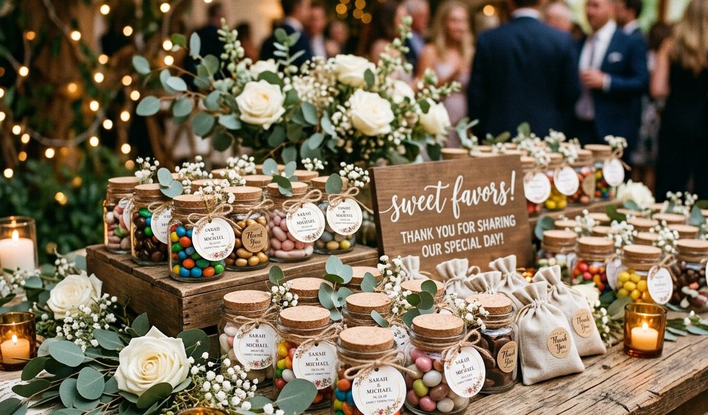 Słodki stół z wykwintnymi krówkami reklamowymi dla gości na eleganckim blacie drewnianym dworku podczas uroczystego ślubu wesela na stół