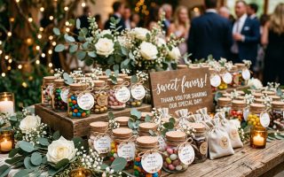 Słodki stół z wykwintnymi krówkami reklamowymi dla gości na eleganckim blacie drewnianym dworku podczas uroczystego ślubu wesela na stół